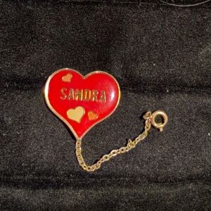 Sandra Red Heart Lapel Hat Jacket Pin with Gold Tone Chain Tie Tac Scarf Pin